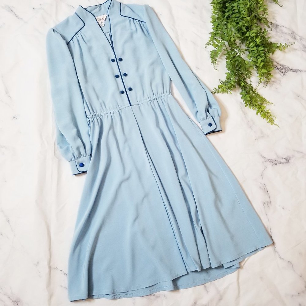 Lilli Ann Vintage 70s Blue Long Sleeve Shift Dress